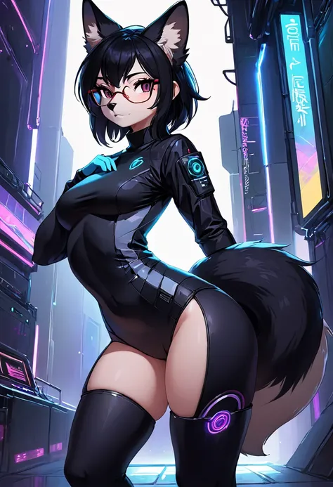 (Furry:1.5),(Masterpiece, Best quality), 1girll, Black hair, Glasses, Cyberpunk, Solo, waist-high, Sexy appearance,Fox girl