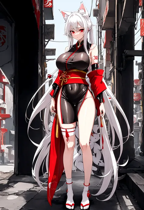 Make a full body character with 2D graphics based on current anime 4k-8k The character is 22 years old. Mature body with big breasts and curves. Eyes red, white cat ears, long white hair down to the ankles. Cat&#39;s furry tail. The outfit is a mix of trad...