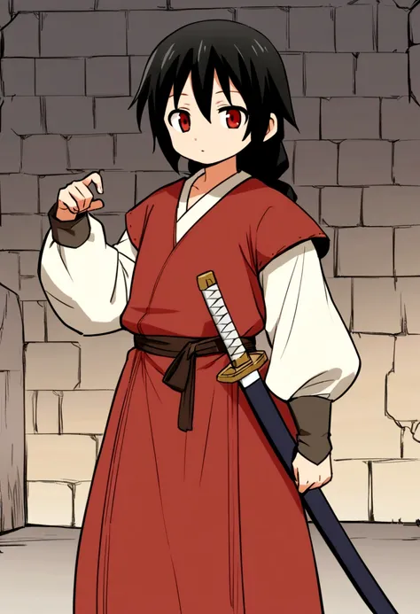 An anime character/manga whose approximate age is 15 years, living in the 1500s and their clothes typical of that time but in medieval style, On his waist he carries a katana and his eyes are red as coals., and your black hair