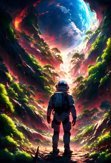 An astronaut standing on an alien planet filled with lush greenery, looking up at a destroyed Earth in the sky. The planets vibrant landscape contrasts with the broken and fragmented view of Earth, creating a surreal and poignant scene. Intricate details, ...