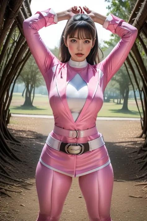 pink theme，pink ranger suit、curvy, big breats,  full body, tied on saint andrew's cross in x position