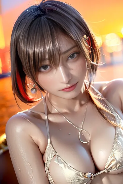 1 beauty, (Light Purple Eyeshadow、Smaller face, (Long body:1.2), Watery Big Eyes, Toned body, Beautiful constriction, ((Erotic face:1.4)), long eyelasher, in poolside, Wet whole body, ((Glittering champagne gold colored bikini swimsuit:1.4)), (wet and dish...