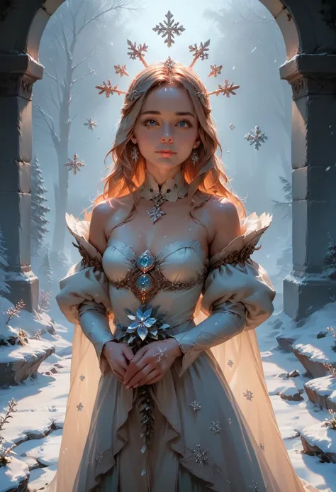 a girl, snow golem, unique beauty, fantasy, magical, ethereal, elegant, serene, peaceful, snowflakes, winter, cold, soft lighting, cinematic, dramatic, (best quality,4k,8k,highres,masterpiece:1.2),ultra-detailed,(realistic,photorealistic,photo-realistic:1....