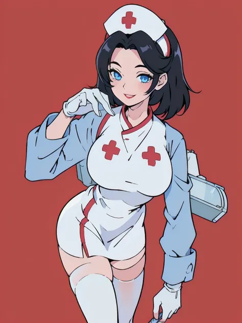 1 woman, solo Nurse, nurse uniform, Nurse Cap, Whiteware, ((White legwear, zettai ryouiki)), White Gloves, black hair, Blue eyes, red lipsticks, Smile, Standing, sharp outline, long sleeves, a mature female, 25 year old, Best Quality, masterpiece, infirmar...