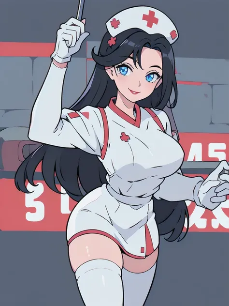 1 woman, solo Nurse, nurse uniform, Nurse Cap, Whiteware, ((White legwear, zettai ryouiki)), White Gloves, black hair, Blue eyes, red lipsticks, Smile, Standing, sharp outline, long sleeves, a mature female, 25 year old, Best Quality, masterpiece, infirmar...