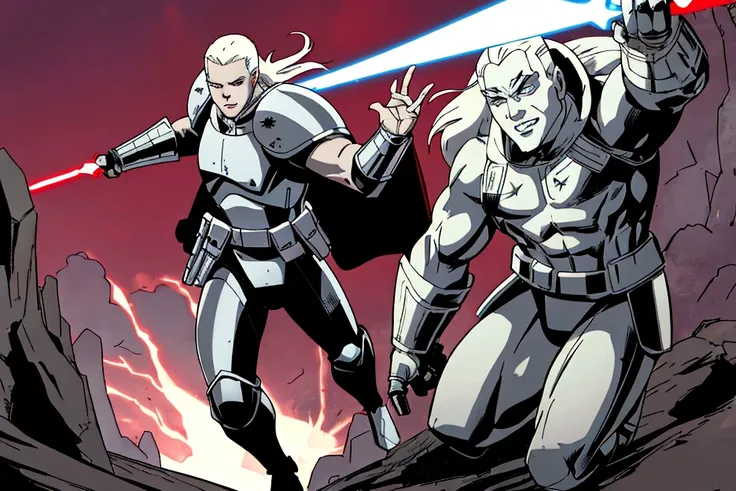 (starwars 2d comic art style with shading), a 20 year old Albino of Anglo-Saxon descent with a pure white complexion and a smile, burly brawny Physique with only 3 fingers on both hands, Albino long hair with thick eyebrows and white eyes, holding his thic...