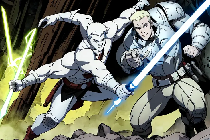 (starwars 2d comic art style with shading), a 20 year old Albino of Anglo-Saxon descent with a pure white complexion and a smile, burly brawny Physique with only 3 fingers on both hands, Albino long hair with thick eyebrows and white eyes, holding his thic...