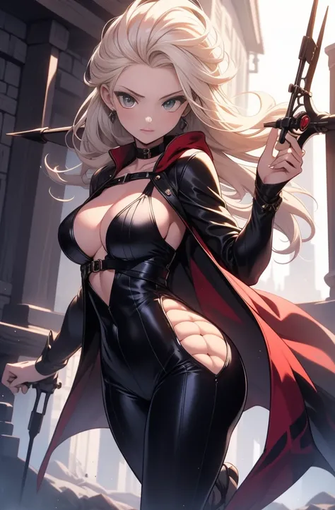 female, solo, young, sexy body, voluptuous figure, tightsuit, white hair, decolored blonde hair, has 2 hand crossbows, rogue assasin, beautifull face, long hair, defined body, yellow and bright eyes, thick legs, strong legs, tall, Voluptuous legs, huge ass...