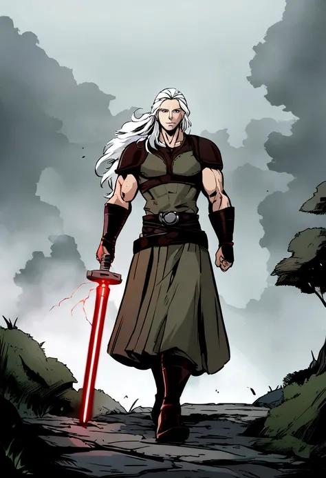 (starwars 2d comic art style with shading), a 20 year old Albino of Anglo-Saxon descent with a pure white complexion and a smile, burly brawny Physique with only 3 fingers on both hands, Albino long hair with thick eyebrows and white eyes, holding his thic...