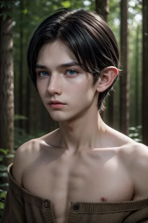 Realistic hyperdetail, real photografic, imagem HD: beautiful young elf man, 16 yrs old, heterochromia, Bblack hair, pointy ears, forest at night.