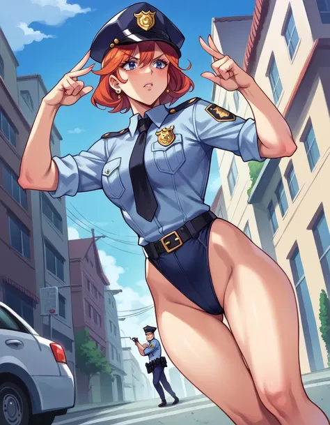 There is a woman in a police uniform, official, police official, (Yoshida Yuuko), brave police, Attire: cop, redhead woman, yoshida yuuko wearing a police uniform, high resolution commission, sheriff woman, Lois van Baarle y Rossdraws, bottomless, leotard ...