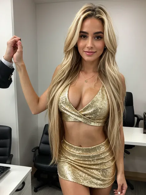 A 23-year-old blonde woman, ((pechos grandes)), ((hiperrealismo)). Blonde hair with light brown roots. Cabello rubio, cabello extra largo, cabello muy largo, really long hair. Photo taken with iPhone, show entire body, whole body in frame, cleavage. Photo ...