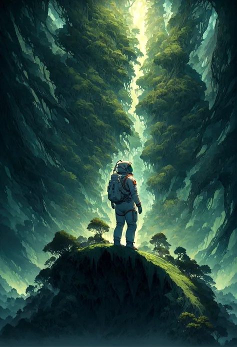 An astronaut standing on an alien planet filled with lush greenery, looking up at a destroyed Earth in the sky. The planets vibrant landscape contrasts with the broken and fragmented view of Earth, creating a surreal and poignant scene. Intricate details, ...