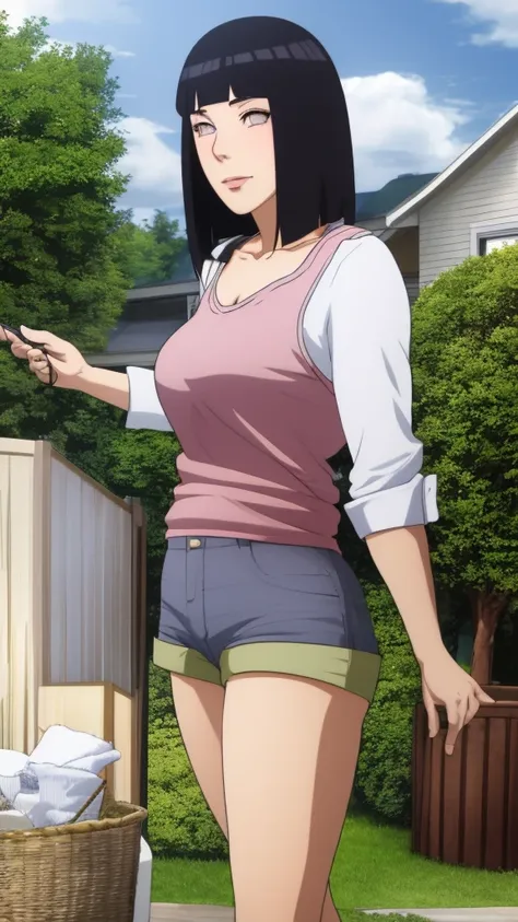 masterpiece, hinata\(boruto\), 1 girl, alone,mature woman, (wearing mini camisole & hotpants:1.25),  outdoor, look at viewer, (p...