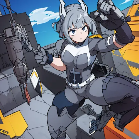 A heroic looking girl with short hair, wearing a gray hero costume,  Gray hero costume, bluegray details