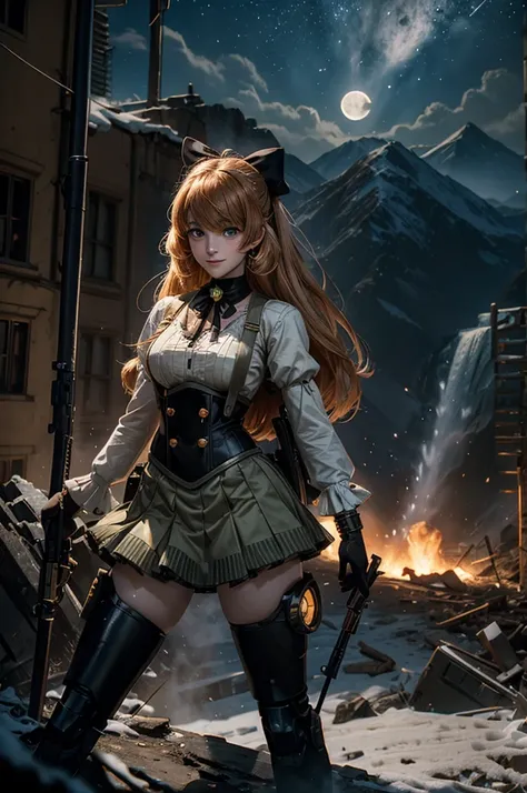 cowboy shot, (dynamic pose), smile,  underbust, Penny Polendina, long hair, neck ribbon, suspender skirt, corset, black bow, white blouse, mechanical legs, neon trim, standing with soldiers, (soldiers searching with rifles),  ((in city ruins on hill, overl...