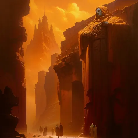 painting of a group of people standing in a doorway with a rock statue in the background, Style by Marc Simonetti, art Style by Marc Simonetti, Andreas Rocha and John Howe, marc simonetti. intricate, marc _ simonetti, Estilos de Zdzisław Beksiński, inspire...