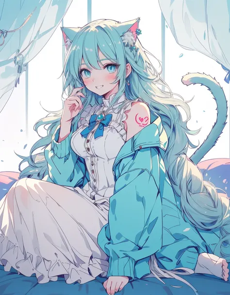 tattoo, full-body, blush, grin, ((masterpiece, best quality:1.5)), ((Beautiful detailed cat aqua eyes:1.2)), cat ears, pale skin, medium breasts, beautiful hands, beautiful fingers, EasyNegative