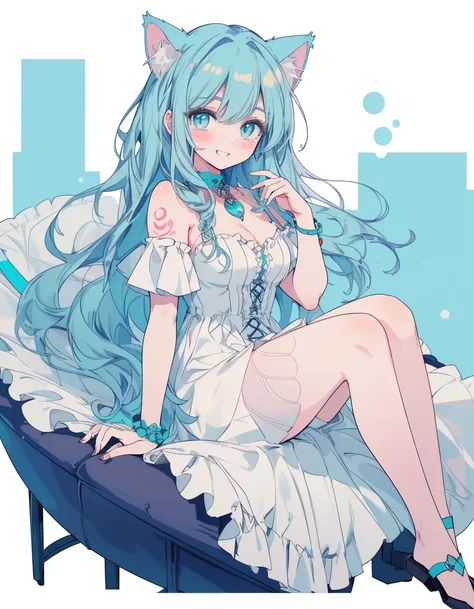 tattoo, full-body, blush, grin, ((masterpiece, best quality:1.5)), ((Beautiful detailed cat aqua eyes:1.2)), cat ears, pale skin, medium breasts, beautiful hands, beautiful fingers, EasyNegative