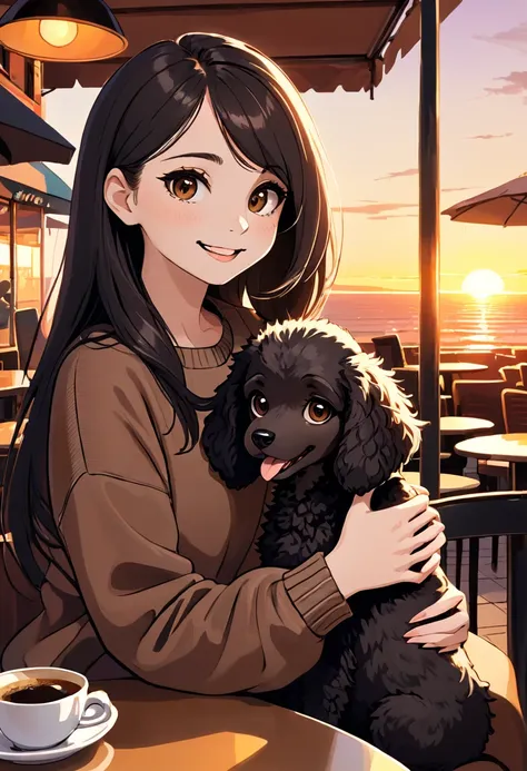 Cute black long straight hair brown eyes round face girl wearing brown sweater sitting in café drinking coffee, sunset, toothy smile without bangs, holding a poodle puppy in her arms