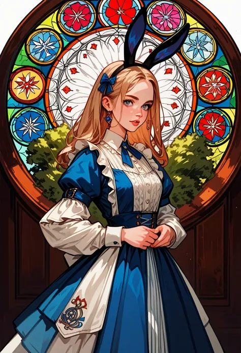 Masterpiece, medieval times, mystical, Alice in Wonderland, 1girl, Rabbit in a suit, Sil Off from Isometric Anime, stained glass, On White Background, Geometric composition,