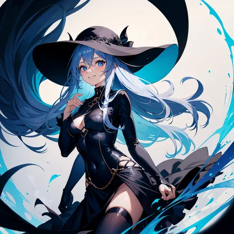 1 girl,long wavy blue hair,blue eyes,wearing a black body suit that extends into a skirt,wearing a veil hat,staring at viewer,grinning