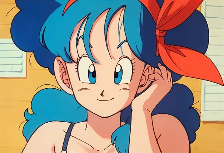 lunch (dragon ball) blue hair, very shy, little smile, sonrojada, desnuda, hands behind the waist