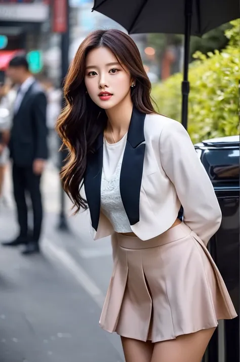 a 18 year old girl, she is the most beautiful actress in the world, the perfect body proportions of this girl, the skin of her whole upper body is covered 100%, her large breasts within clothes are indirectly appealed, formal blazer is firmly closed on her...