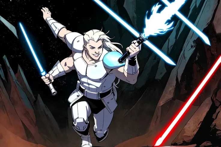 (starwars 2d comic art style with shading), a 20 year old Albino of Anglo-Saxon descent with a pure white complexion and a smile, burly brawny Physique with only 3 fingers on both hands, Albino long hair with thick eyebrows and white eyes, holding his thic...