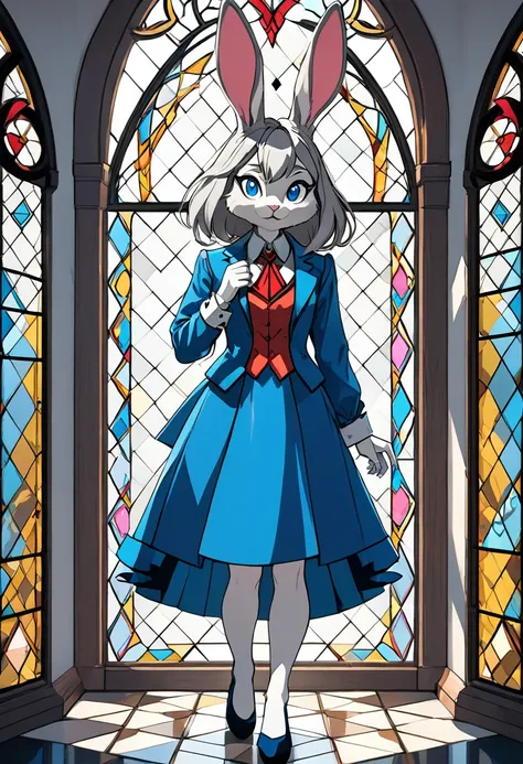 Masterpiece, medieval times, mystical, Alice in Wonderland, 1girl, Rabbit in a suit, Sil Off from Isometric Anime, stained glass, On White Background, Geometric composition,