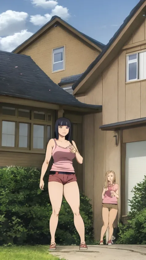 Masterpiece, Hinata(Boruto), 1 girl, alone,mature woman, (wearing mini camisole & hotpants:1.25),  outdoor, look at viewer, (petals falling), The sky is cloudy, laundry-ing, perfect composition, details lips, big breast, Beautiful face, body proportions, B...