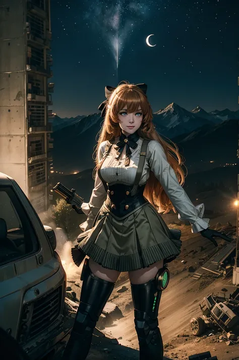 cowboy shot, (dynamic pose), smile,  underbust, Penny Polendina, long hair, neck ribbon, suspender skirt, corset, black bow, white blouse, mechanical legs, neon trim, standing with crowd, (crowd in army uniforms, searching with rifles),  ((in city ruins on...