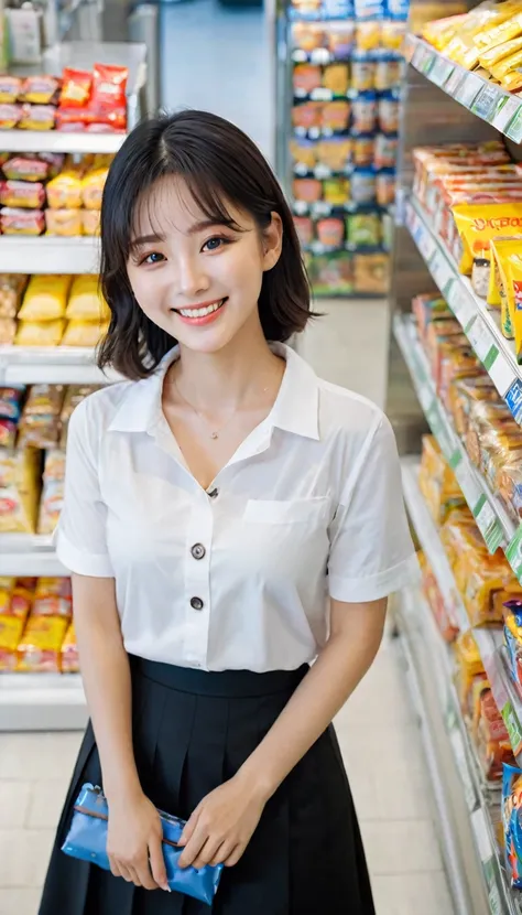 Aerial view of a beautiful Korean girl, Chest size 36 inches, medium hair, smile a little, Wear a white short-sleeved shirt., Black skirt with buttons, Carrying snacks in the cafeteria, in a convenience store, UHD