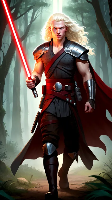 (starwars 2d comic art style with shading), a 20 year old Albino of Anglo-Saxon descent with a pure white complexion and a smile, burly brawny Physique with only 3 fingers on both hands, Albino long hair with thick eyebrows and white eyes, holding his thic...