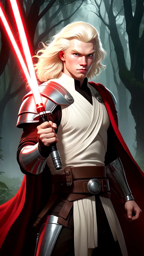 (starwars 2d comic art style with shading), a 20 year old Albino of Anglo-Saxon descent with a pure white complexion and a smile, burly brawny Physique with only 3 fingers on both hands, Albino long hair with thick eyebrows and white eyes, holding his thic...