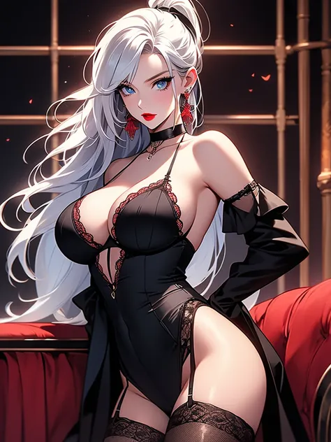 score_9, score_8_up, score_7_up, score_6_up, score_5_up, score_4_up, yu hee, blue eyes, white hair, huge breasts,  bare shoulders, butterfly earrings  ,red lipstick, stockings , wire laced bra ,laced wire underwear, ponytail 