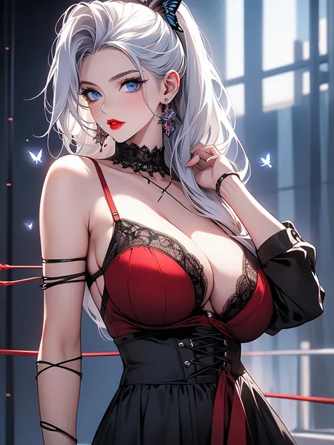 score_9, score_8_up, score_7_up, score_6_up, score_5_up, score_4_up, yu hee, blue eyes, white hair, huge breasts,  bare shoulders, butterfly earrings  ,red lipstick, stockings , wire laced bra ,laced wire underwear, ponytail 