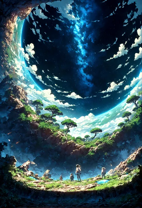 An astronaut standing on an alien planet filled with lush greenery, looking up at a destroyed Earth in the sky. The planets vibrant landscape contrasts with the broken and fragmented view of Earth, creating a surreal and poignant scene. Intricate details, ...