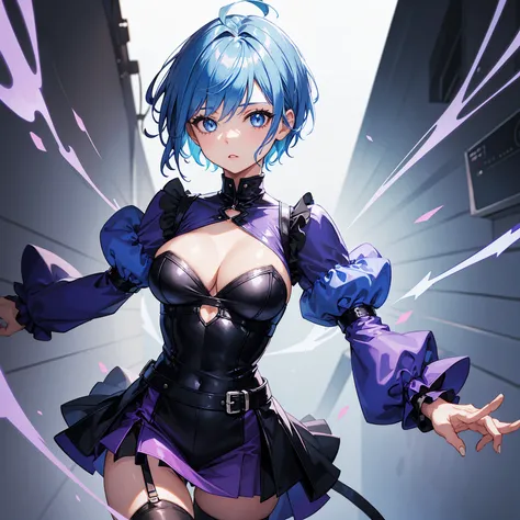 1 girl,blue hair(pixie cut),blue eyes,wearing a purple sleeveless body suit ,detached puffy purple sleeves,black skirt,black stockings,boots