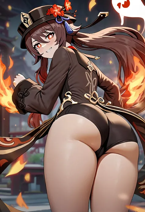 Shexyo style, 1girl, hu_tao_(genshin_impact), shorts, boo_tao_(genshin_impact), hat, brown_hair, fire, ass, twintails, ghost, solo, looking_at_viewer, flower, black_shorts, red_eyes, symbol-shaped_pupils, long_sleeves, short_shorts, long_hair, black_headwe...