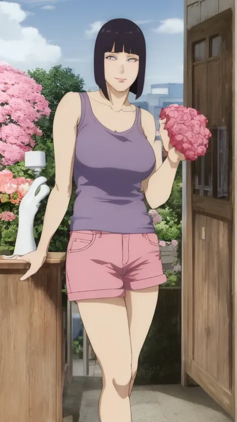 Masterpiece, Hinata(Boruto), 1 girl, alone,mature woman, (wearing mini camisole & hotpants:1.25),  outdoor, look at viewer, (petals falling), The sky is cloudy, laundry-ing, perfect composition, details lips, big breast, Beautiful face, body proportions, B...