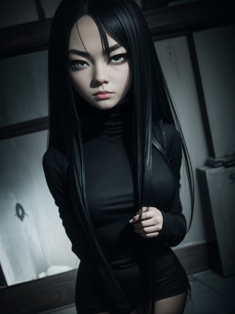 high angle american shoot, ultra-realistic textures, anime style, a sinister but attractive humanoid puppet, Slim and creepy Sadako Yamamura style from The ring, scary pale grayish face, very long and straight black hair, wearing a shabby outfit with a bla...