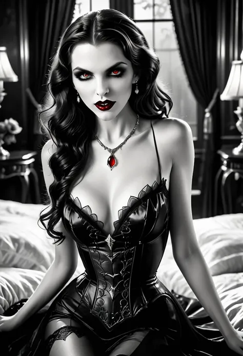 fantasy art deco (art deco: 1.5) A (black and white: 1.5) glamours (vampire: 1.5) model shot, RAW, award winning, of an exquisite beautiful 1solo female vampire, ultra feminine, full body, busty woman, most beautiful face ultra detailed face, long hair, wa...