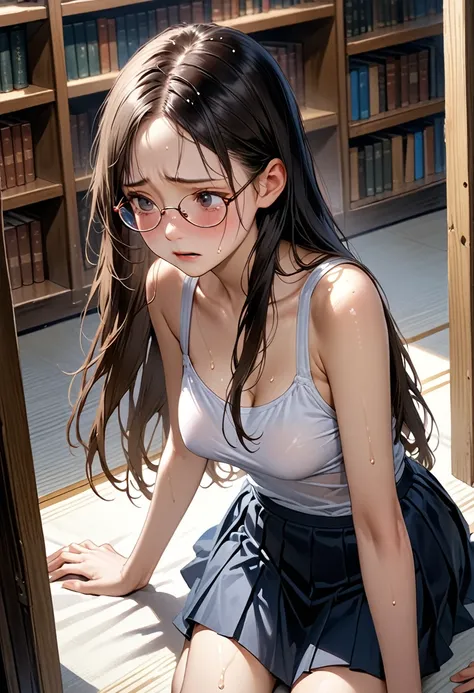 ((masterpiece,Highest quality;1.3,best illustration,realistic)),Being forced to expose your underwear、1woman、独奏,22 year old Japanese beauty,((very small head:1.1)),center parted bangs,forehead,black hair,long hair,black eyes,gorgeous eyes,Black-rimmed glas...