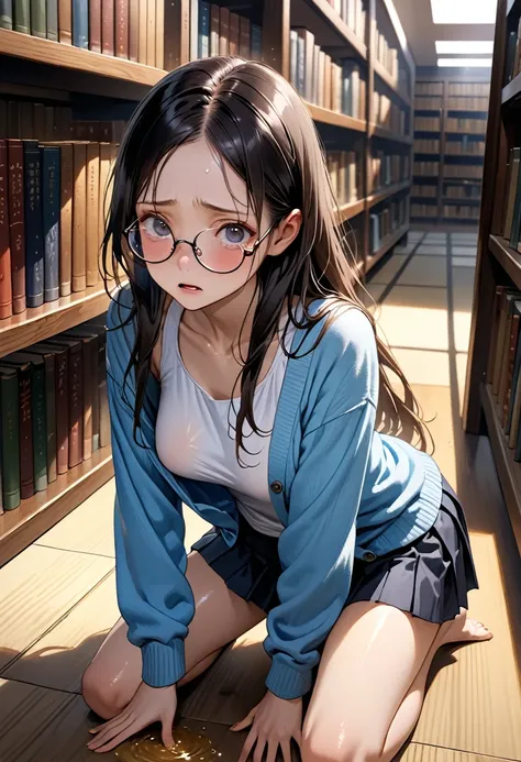 ((masterpiece,Highest quality;1.3,best illustration,realistic)),Looking up at the viewer、1woman、独奏,22 year old Japanese beauty,((very small head:1.1)),center parted bangs,forehead,black hair,long hair,black eyes,gorgeous eyes,Black-rimmed glasses、tears,shy...