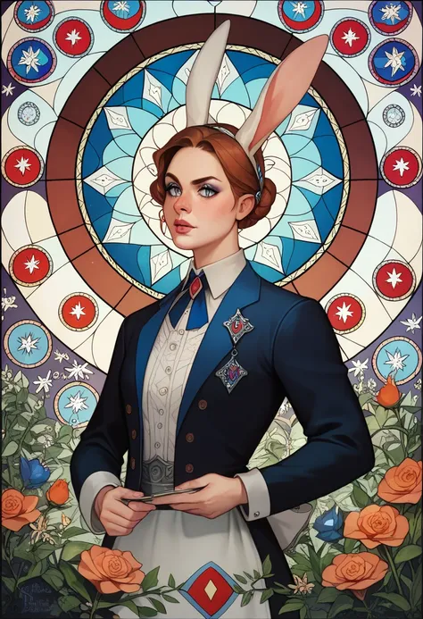 Masterpiece, medieval times, mystical, Alice in Wonderland, 1girl, Rabbit in a suit, Sil Off from Isometric Anime, stained glass, On White Background, Geometric composition,