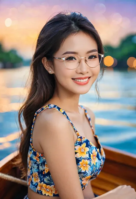 close up, of beautiful Thai girls, Bust size 34 inches, smile a little, glasses, Wear a crop top with floral prints., sitting in a boat, bokeh background