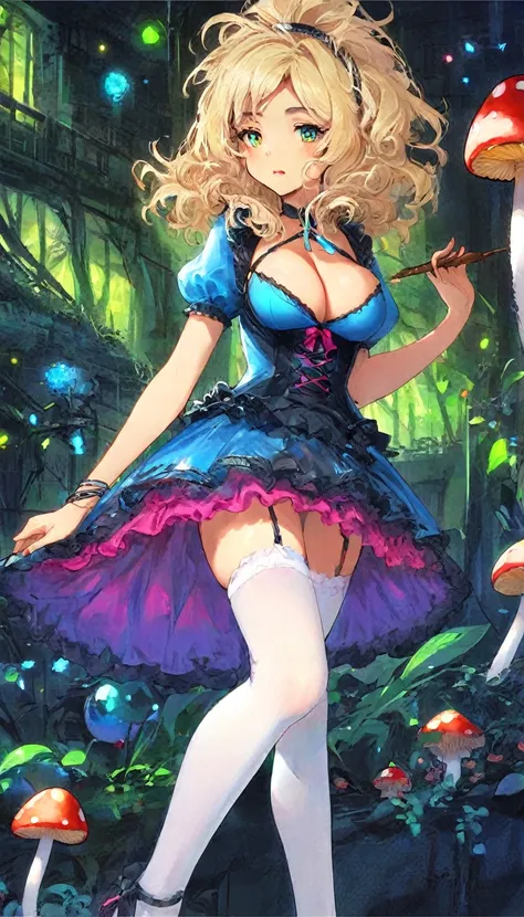 a beautiful 20 year old blonde woman with big messy hair in a blue dress, white stockings, black headband, cleavage, holding a glowing mushroom, fantasy art style, rossdraws cartoon vibrant, alice in wonderland cyberpunk, cute detailed digital art, colorfu...