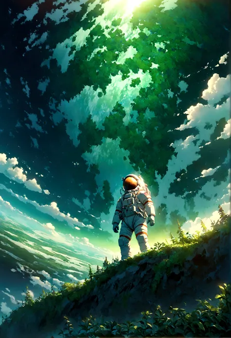 An astronaut standing on an alien planet filled with lush greenery, looking up at a destroyed Earth in the sky. The planets vibrant landscape contrasts with the broken and fragmented view of Earth, creating a surreal and poignant scene. Intricate details, ...