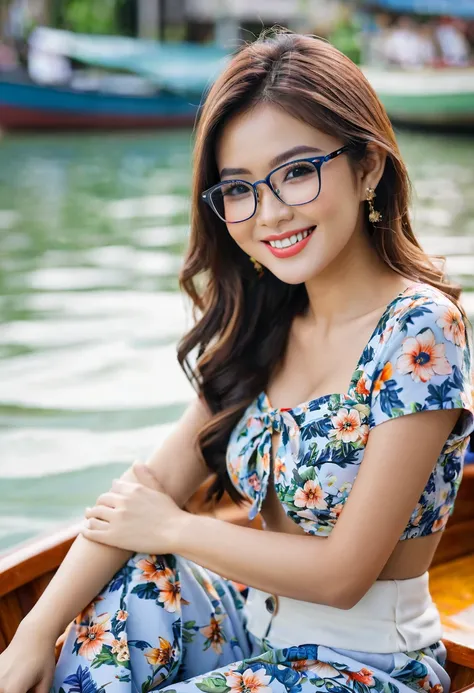 close up, of beautiful Thai girls, Bust size 34 inches, smile a little, glasses, Wear a crop top with floral prints., sitting in a boat, bokeh background